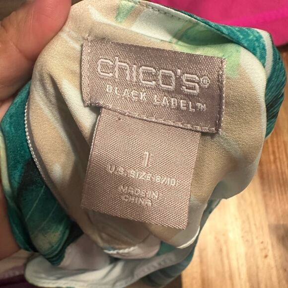 Chico’s Black Label Asymmetrical Palm-Print Kimono Dress Elegant Statement Piece - Picture 6 of 9